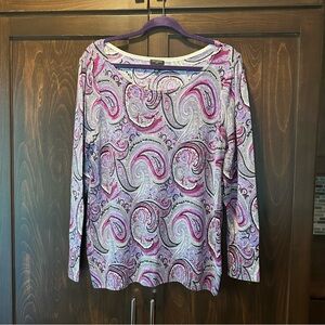Talbots Sweater Womens 1X Pure Merino Wool Purple Paisley Scoop Neck Lightweight